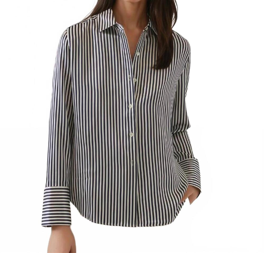 NEW PATRICK ASSARAF long sleeve silk satin relaxed shirt in navy bold stripe